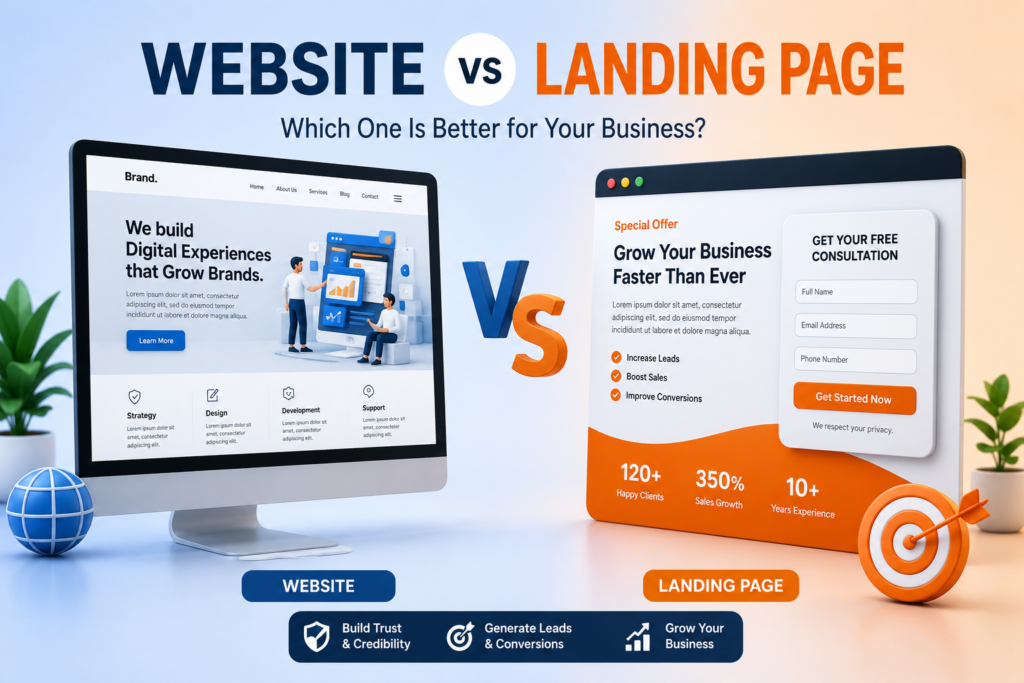Website vs Landing Page comparison in 3D showing the key differences for digital marketing and business growth