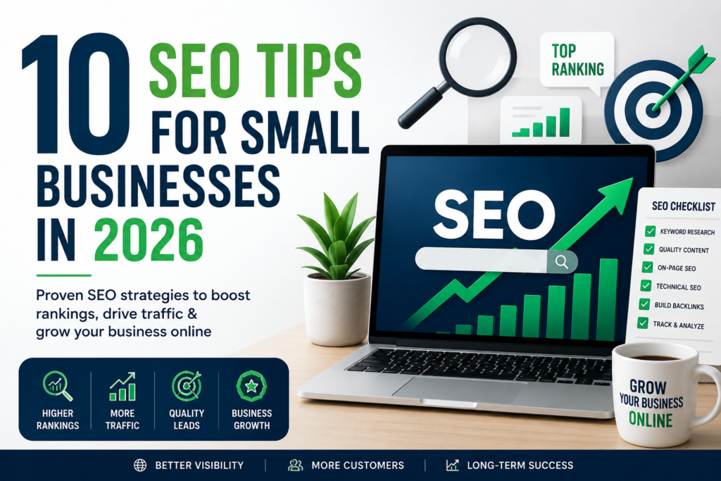 10 SEO Tips for Small Businesses in 2026 with SEO growth chart and digital marketing illustration