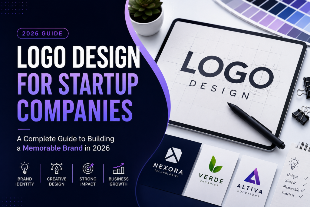 "Modern feature image for a blog about logo design for startup companies, showcasing branding mockups, creative design tools, and a 2026 guide to building a memorable brand identity."
