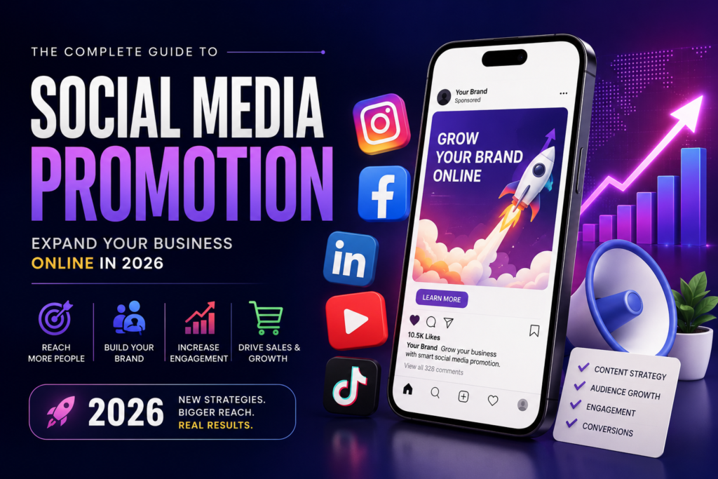 "Featured image for a blog on social media promotion, showing digital marketing tools, social media platforms, and strategies to expand your business online in 2026."